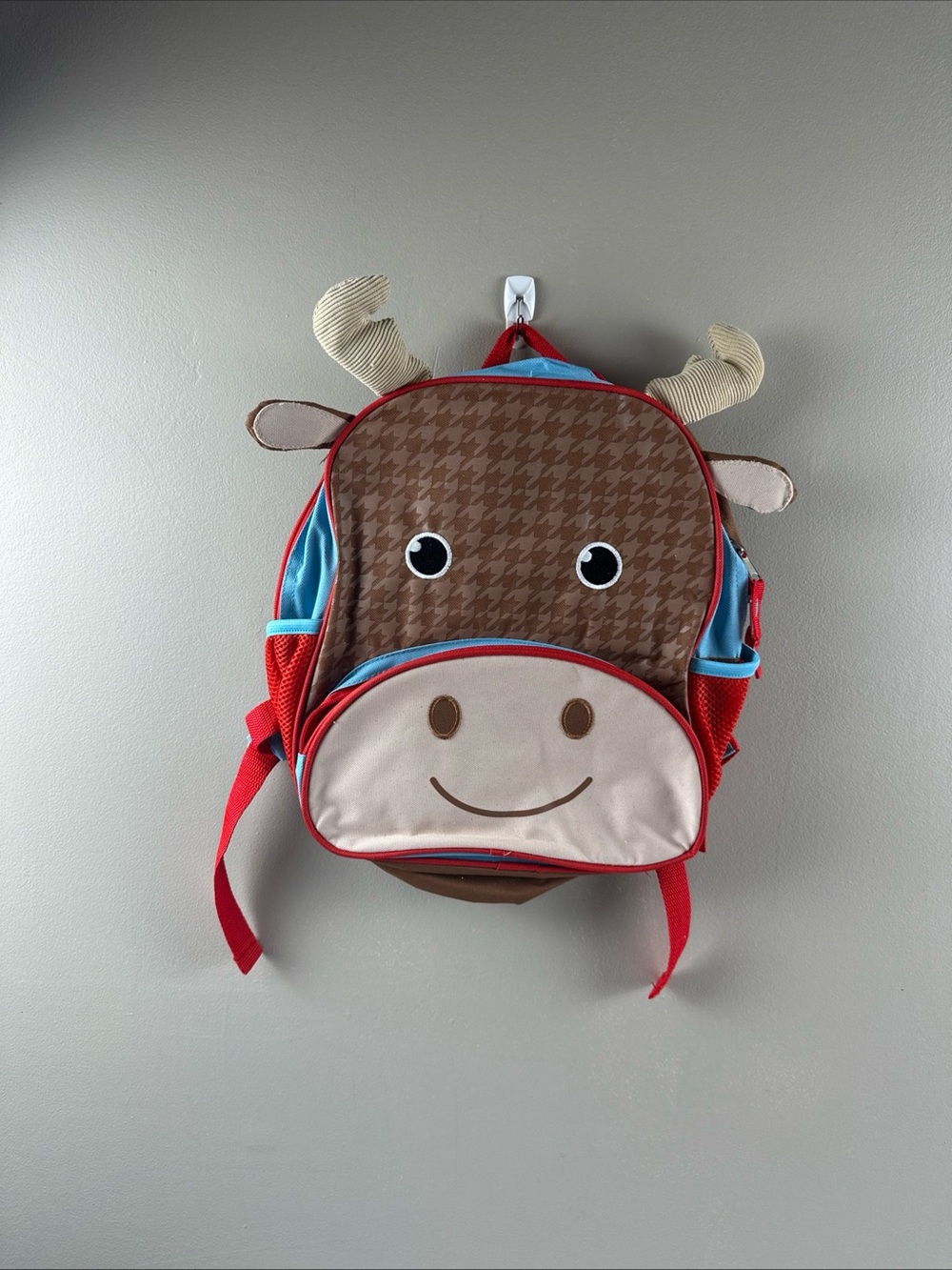 Kids Moose Face Backpack - Brown, Blue & Red